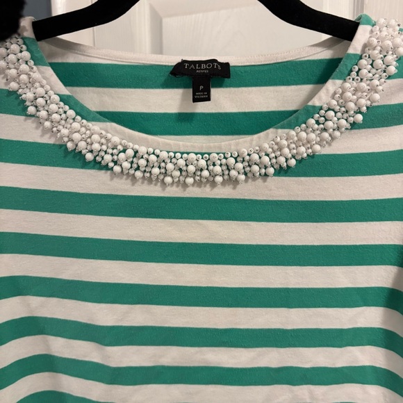 Talbots White & Green Striped Tee with Beaded Necklace Trim - Picture 4 of 7